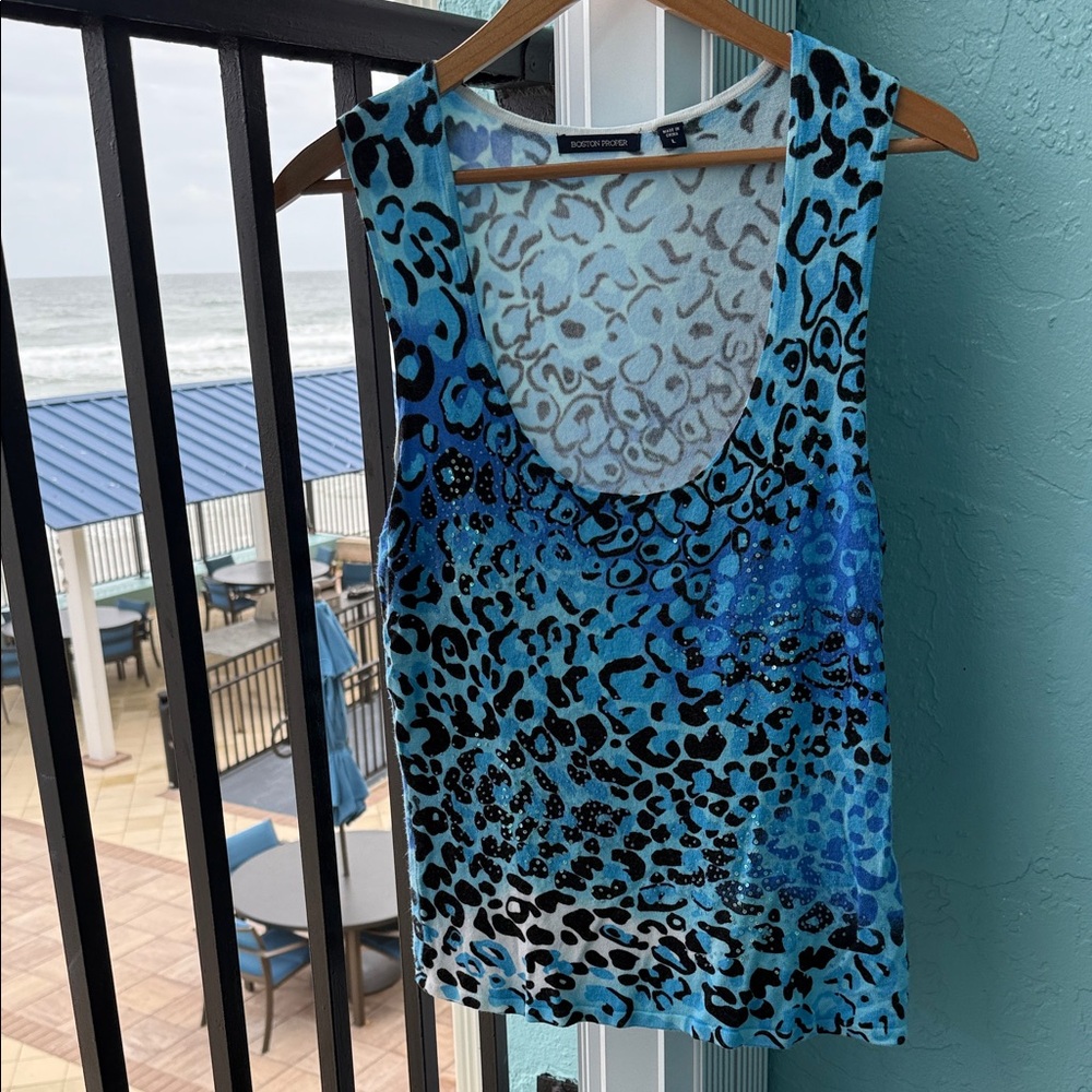 Boston Proper Aqua and Black Leopard sweater Tank Top